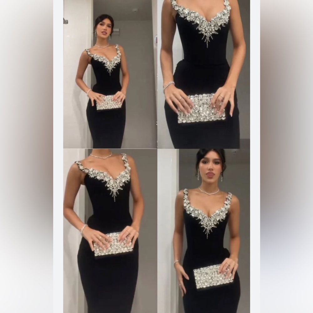 Portia and Scarlett Black V-Neck Crystal-Embellished Prom Dress
